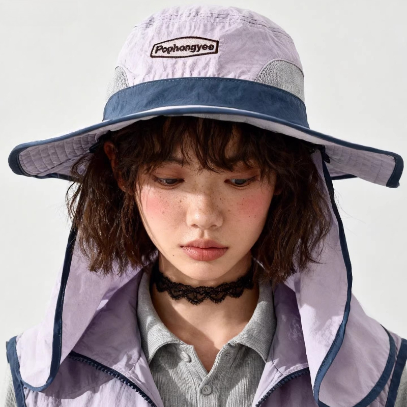Camping Outdoor Quick Drying Sun Neck Protection Cap Hat - 패션 대비 스티치 메쉬 속건성 버킷