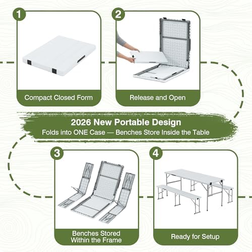 피크닉 테이블 세트(벤치 2개 포함), 6피트 접이식  - Outdoor Camping Chairs Folding 리뷰 및 가격
